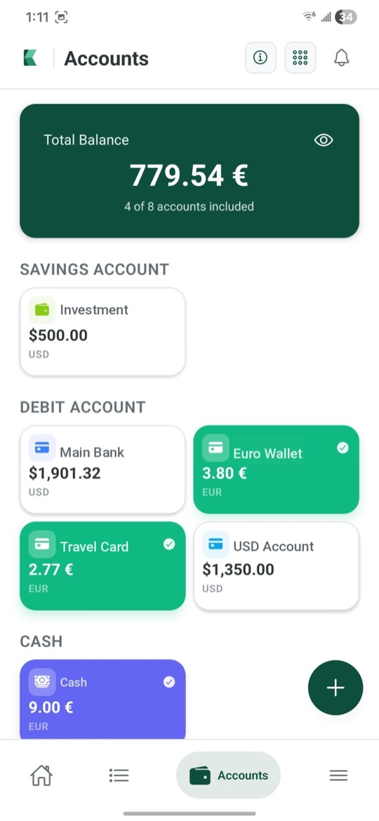 Pantalla de cuentas de la app Kasha