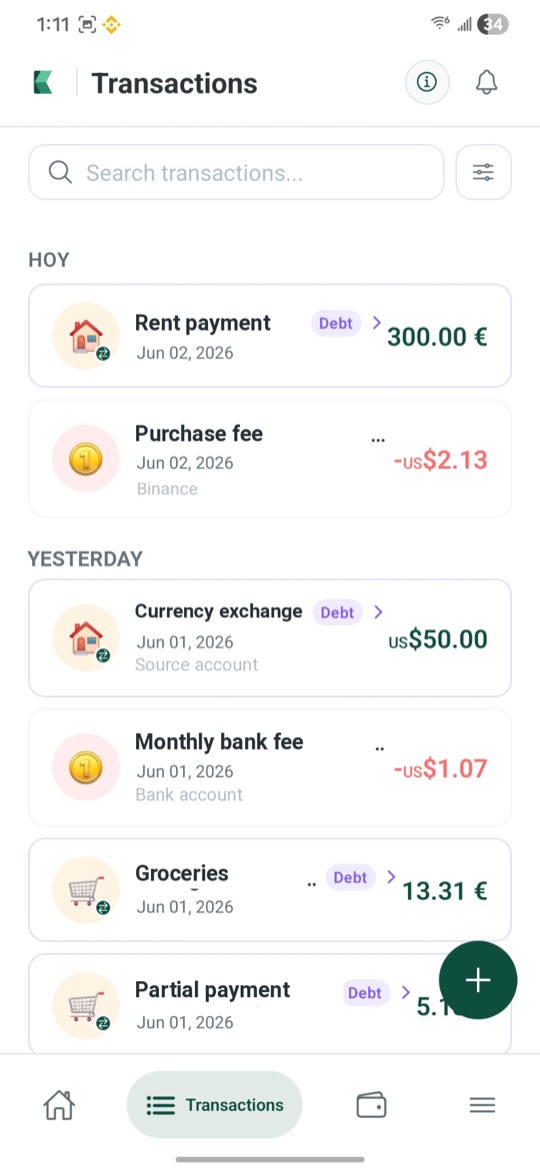 Pantalla de transacciones de la app Kasha